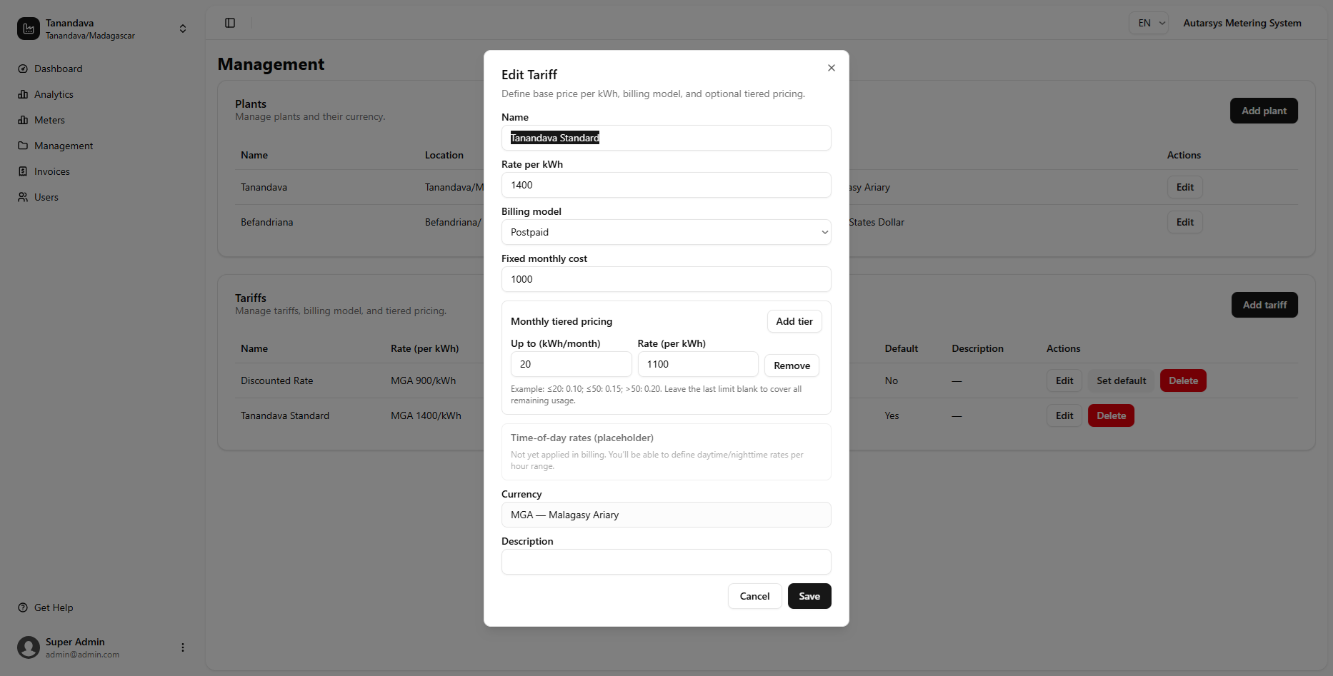 Revenue + tariff settings